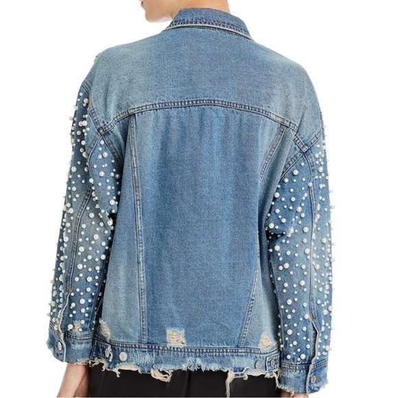 NEW Sunset & Spring Distressed Jean Jacket Oversized Pearl Embellished Denim XS - Picture 3 of 16